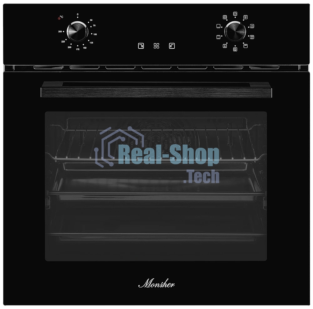 Встраиваемый электрический духовой шкаф MONSHER MOE 6092 Noir, 9 режимов: Традиционный нагрев, Макси-Гриль, Макси-Гриль с конвекцией, Нижний нагрев, Разморозка, Традиционный нагрев с конвекцией, Режим подсветка, Конвекция, Режим пицца, утапливаемые поворо