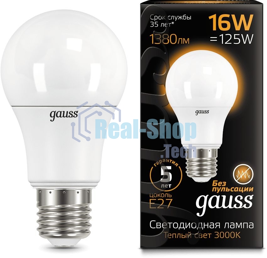Лампа светодиодная Gauss LED A60 16W E27 1380lm 3000K 1/10/50 102502116
