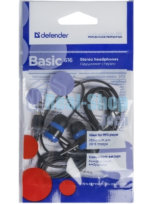 Проводные наушники Defender Basic 616 черный/синий, внутриканальные, Jack 3.5 мм