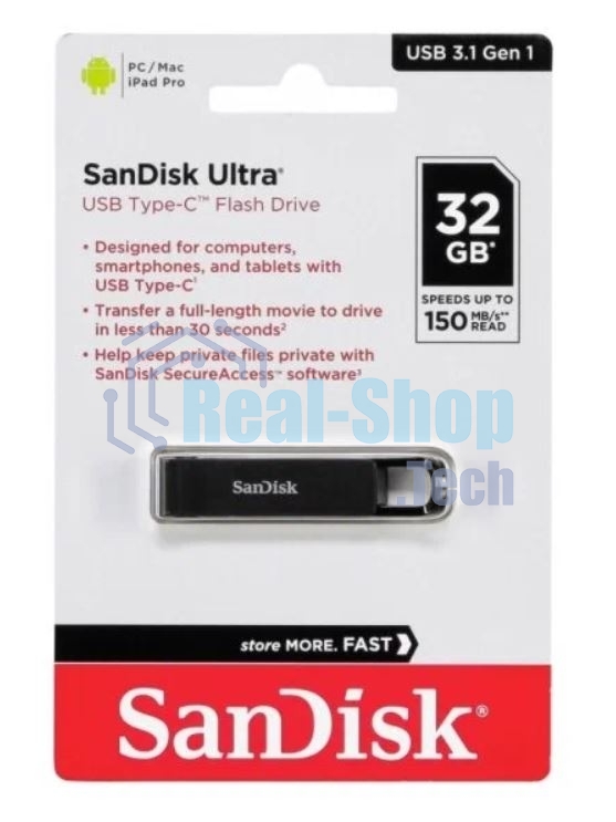 Флешка USB SanDisk CZ460 Ultra (SDCZ460-032G-G46), 32Gb, USB Type-C, R/W 150/30, черный