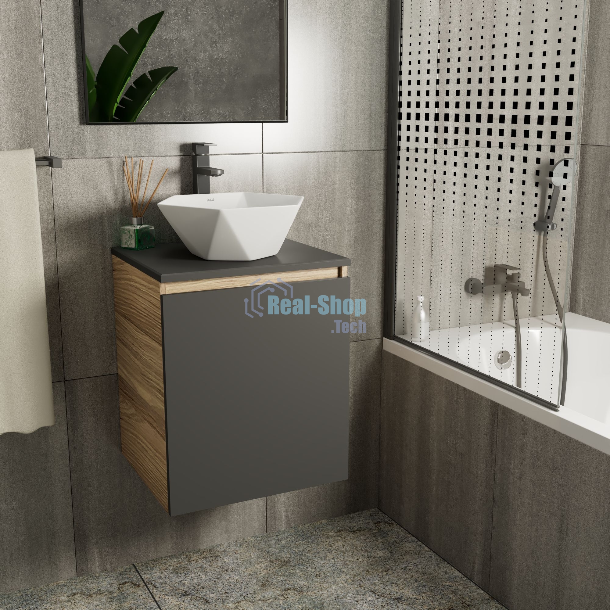 Тумба Bau Dream Blackwood 50 графит, раковина BAU Crystal 40х40, смеситель для раковины высокий Hotel Black, черный