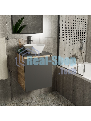 Тумба Bau Dream Blackwood 50 графит, раковина BAU Crystal 40х40, смеситель для раковины высокий Hotel Black, черный