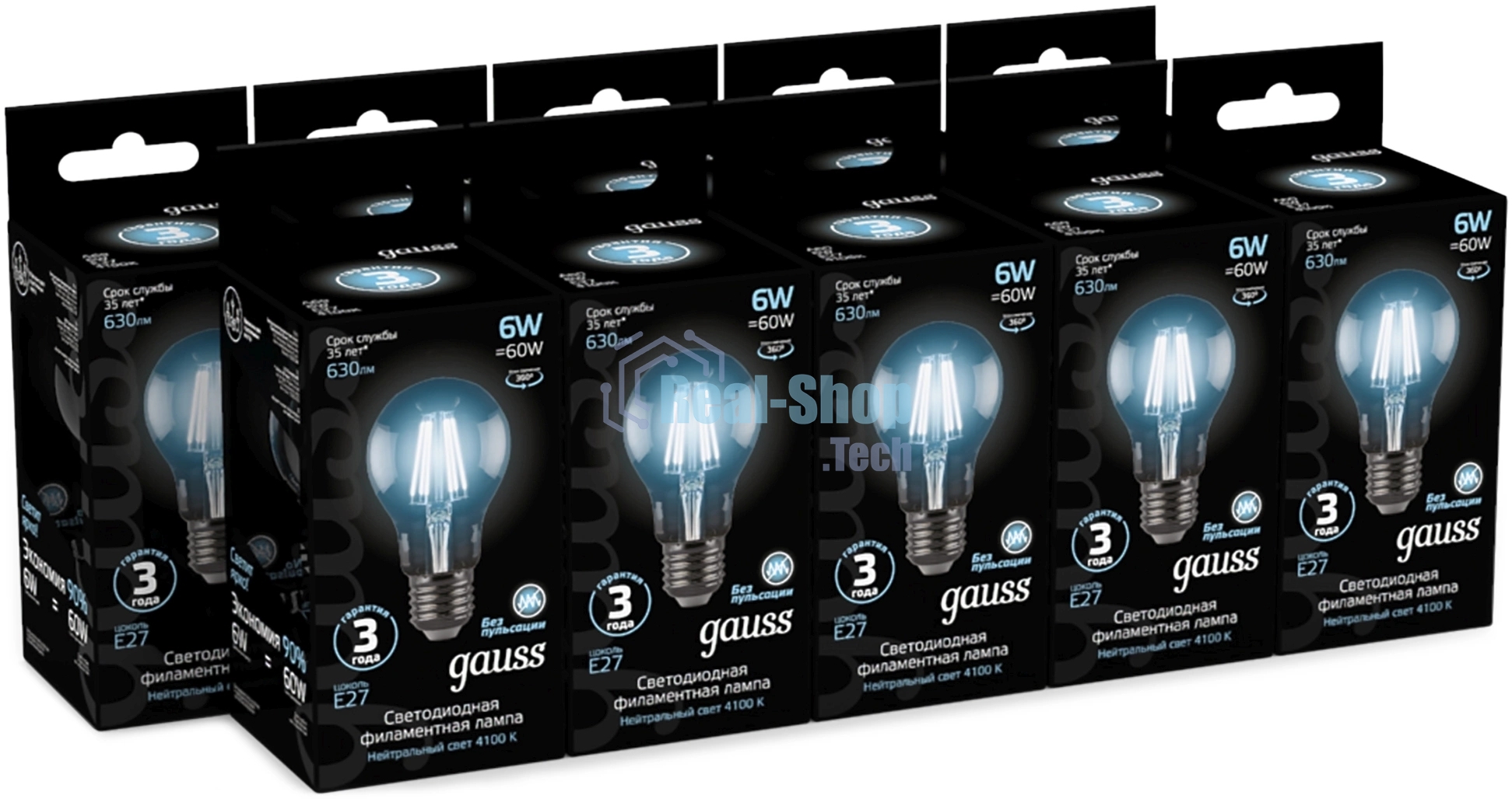 Лампа светодиодная Gauss 102802206LED Filament А60 Е27 6Вт 4100к 1/10/40