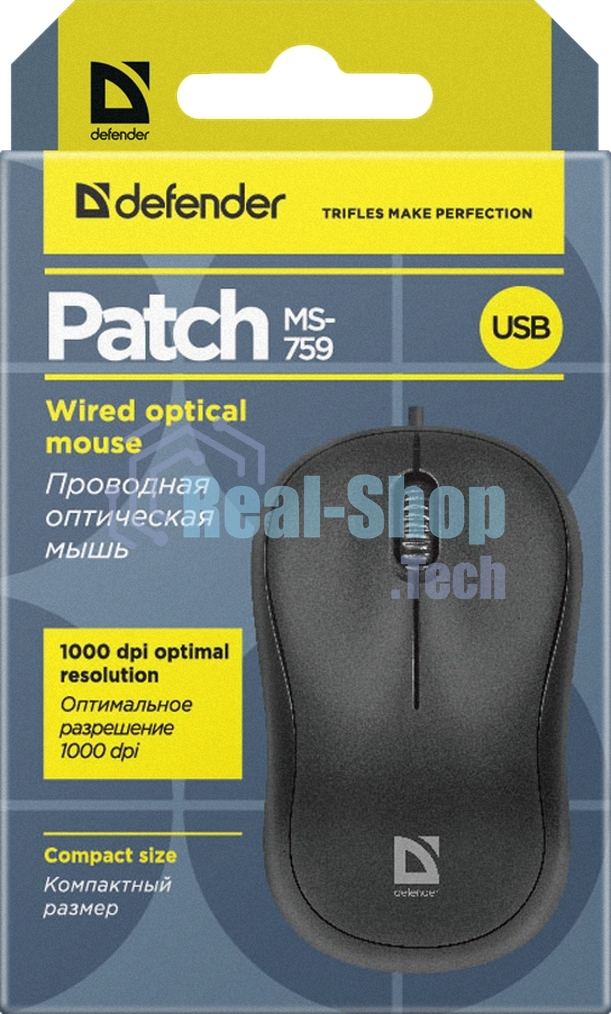 Мышь проводная Defender Patch MS-759 черный, 1000 dpi, USB, кнопки - 3
