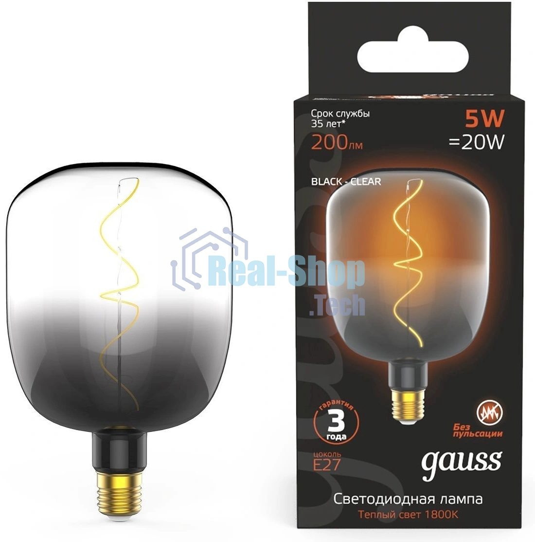 Лампа светодиодная Gauss Filament V140 5W 200lm 1800К Е27 black-clear flexible LED