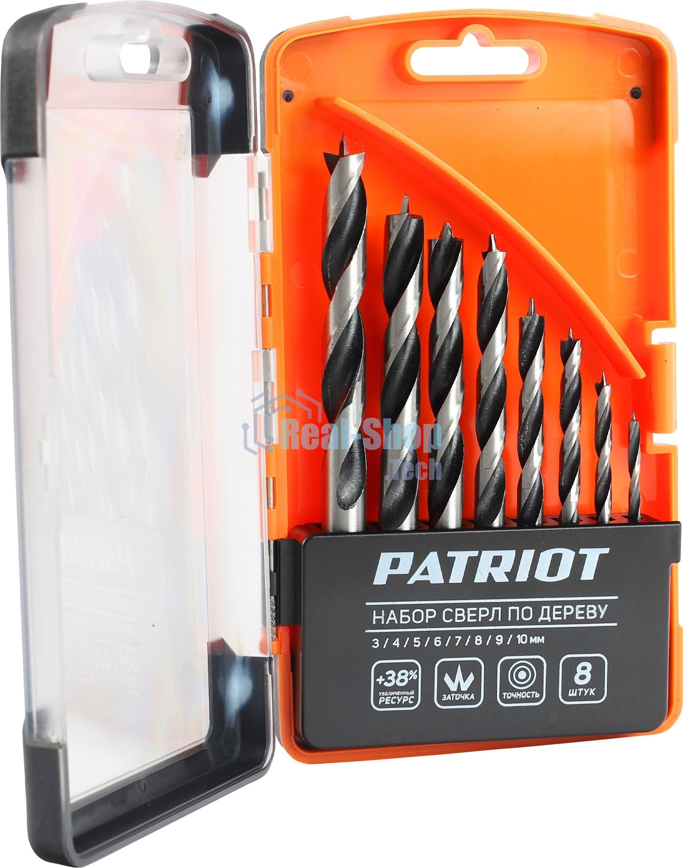 Набор сверл по дереву PATRIOT спиральные, W-образная заточка, 8 шт: 3, 4, 5, 6, 7, 8, 9, 10 мм, в пластиковом боксе