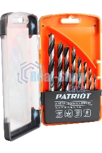 Набор сверл по дереву PATRIOT спиральные, W-образная заточка, 8 шт: 3, 4, 5, 6, 7, 8, 9, 10 мм, в пластиковом боксе