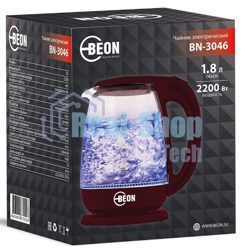 Электрочайник BEON BN-3046 бордовый, 1.8 л, 2200 Вт, скрытый нагревательный элемент