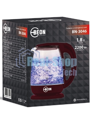 Электрочайник BEON BN-3046 бордовый, 1.8 л, 2200 Вт, скрытый нагревательный элемент