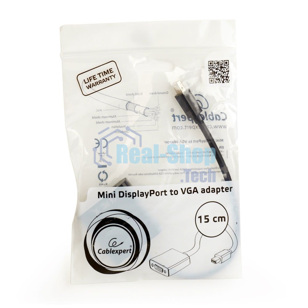 Переходник miniDisplayPort - VGA, Cablexpert A-mDPM-VGAF-02, 20M/15F, длина 15 см, черный, пакет