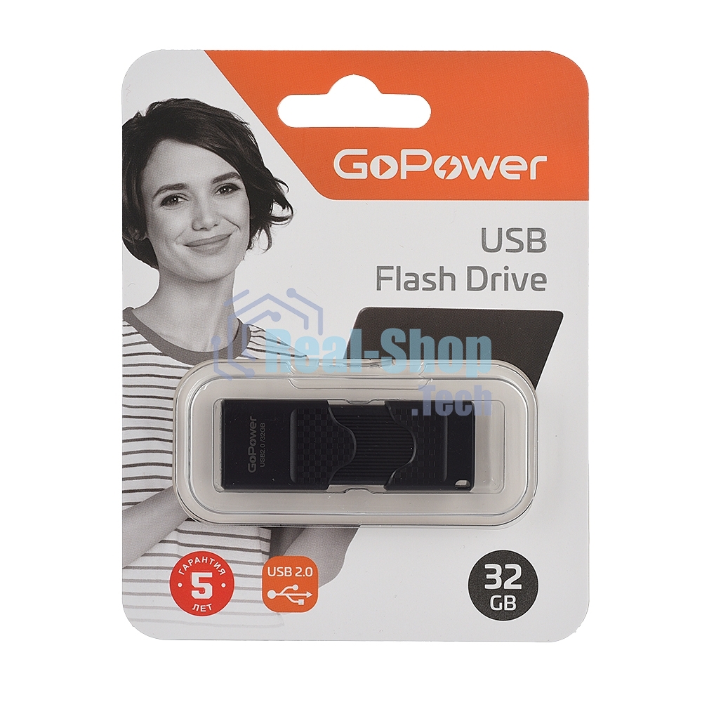 Флешка USB GoPower SLIDER (00-00025964), 32Gb, USB 2.0, R/W 20/10, черный матовый