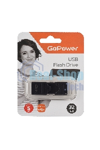 Флешка USB GoPower SLIDER (00-00025964), 32Gb, USB 2.0, R/W 20/10, черный матовый