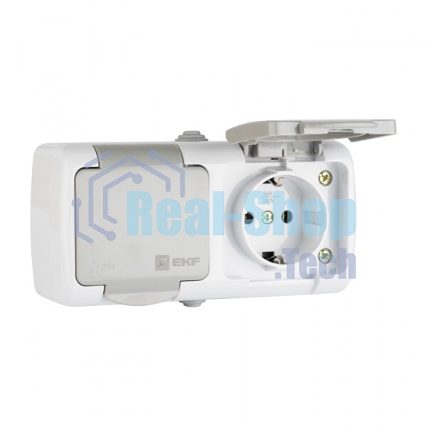 Розетка EKF Мурманск EFR16-129-30-54 2-местная 16А с заземлением с крышкой IP54 серый с защитными шторками