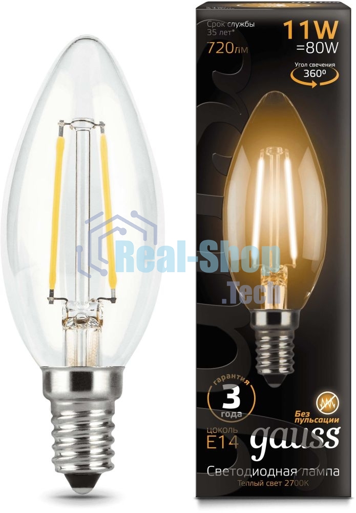 Лампа светодиодная Gauss LED Filament Свеча E14 11W 720lm 2700К 1/10/50