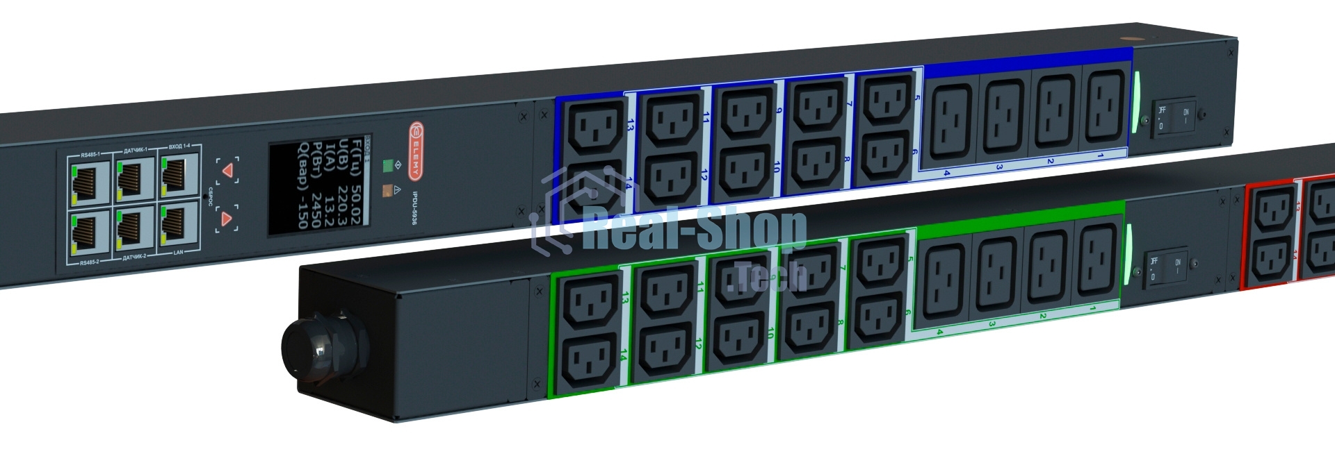 Блок распределения питания Elemy IPDU-5936 верт.размещ. 12xC19 30xC13 с мониторингом 3x16A IEC 60309 2.4м
