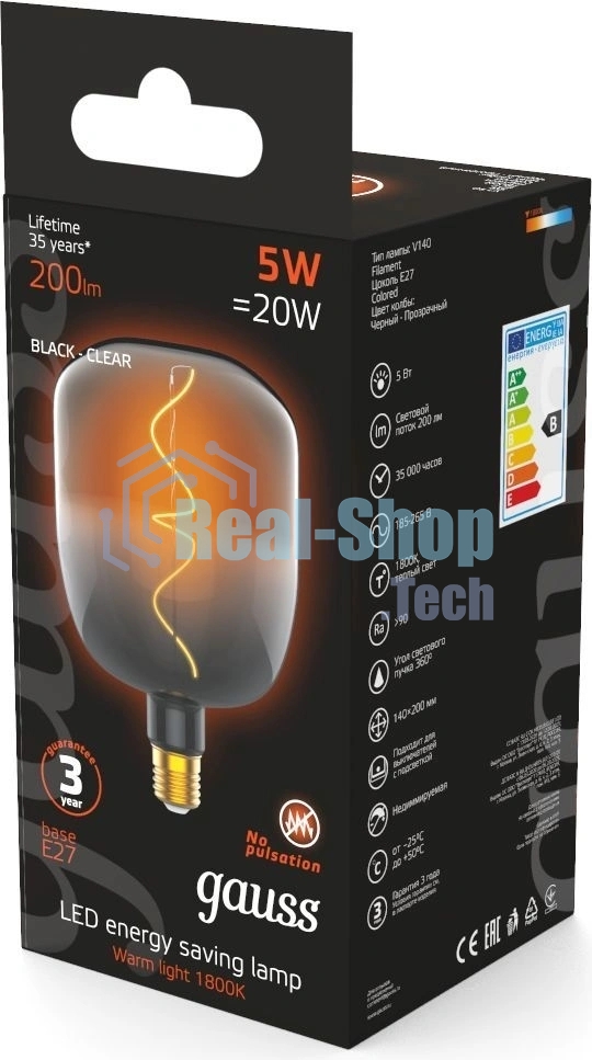 Лампа светодиодная Gauss Filament V140 5W 200lm 1800К Е27 black-clear flexible LED