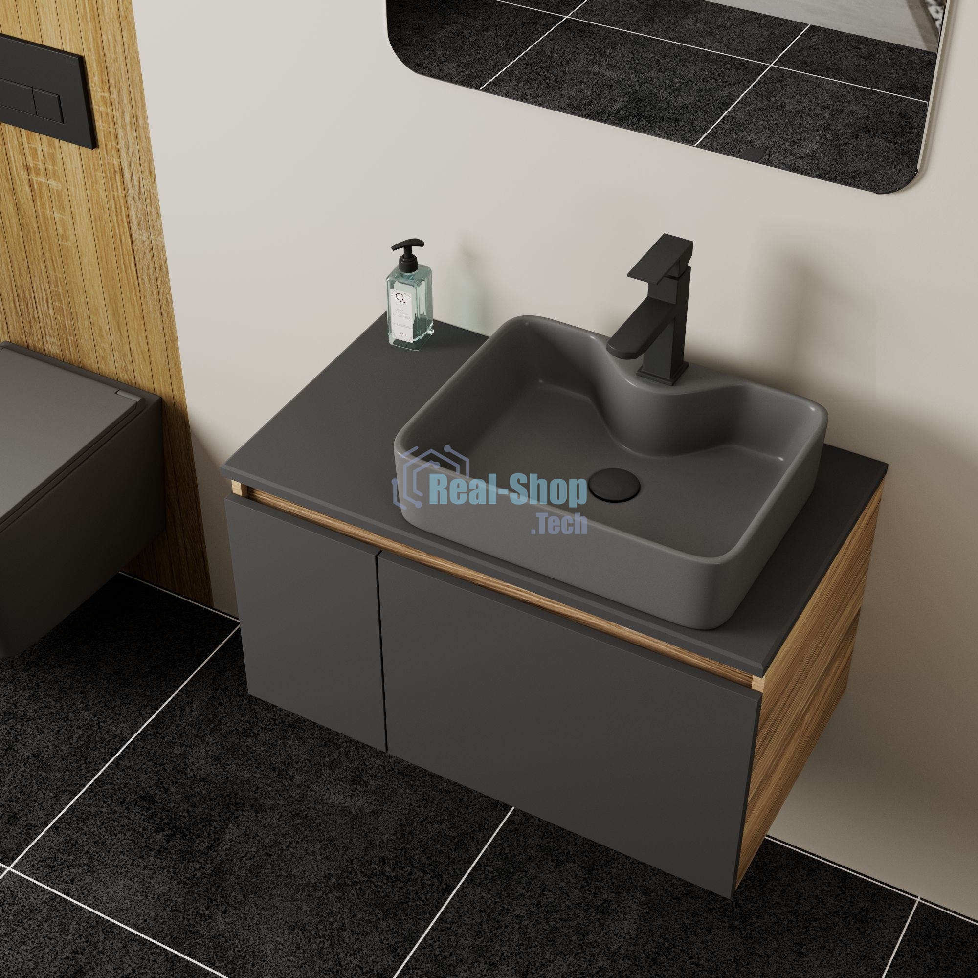 Комплект: тумба Bau Dream Blackwood графит 80, раковина BAU Cerama 48х37, темно-серая, смеситель Hotel Black, черный матовый, выпуск клик клак черный