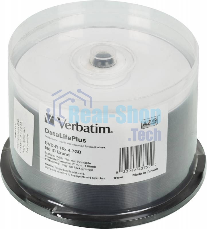 Диск DVD-R Verbatim 4.7Gb 16x Cake Box (50шт) Printable (43755)