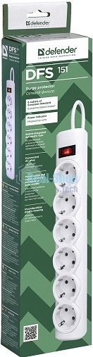 Сетевой фильтр Defender DFS 151 1,8 м, белый, 6 розеток