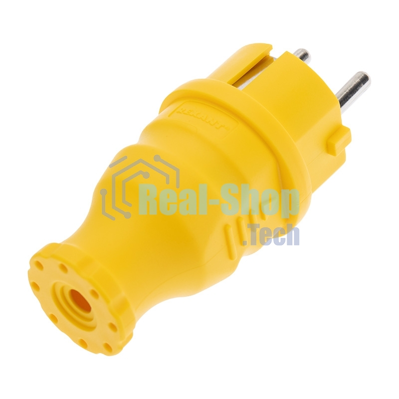 Вилка Rexant прямая влагозащищенная, c/з, 16А. IP44, каучук желтая