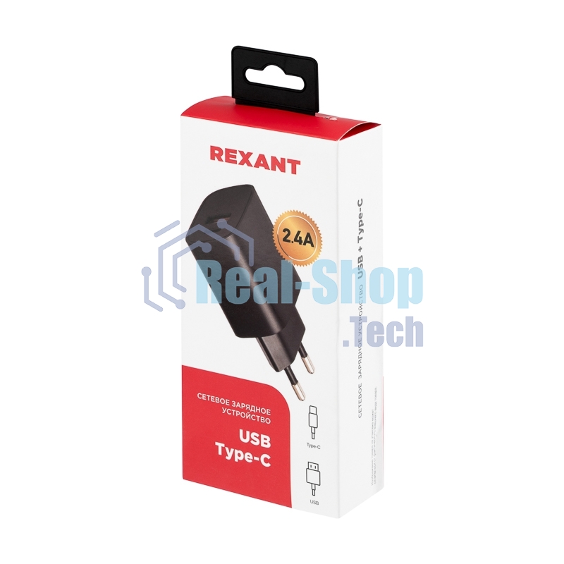 Сетевое зарядное устройство Rexant USB + Type-C, 5V, 2.4 A, черный