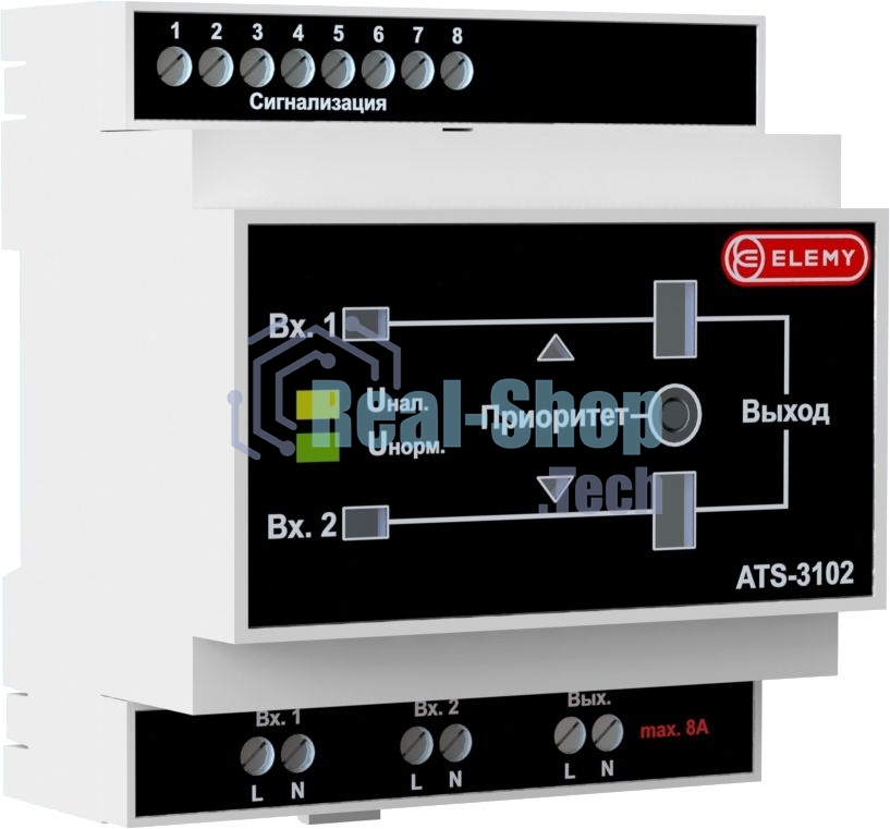 Электронно-механический АВР Elemy ATS-3102 4DIN ввод:2xвинтовая клема выход:1xвинтовая клема8A серый