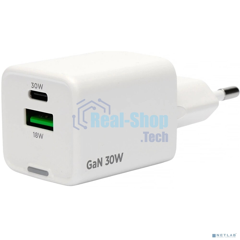 Зарядное устройство Cablexpert MP3A-PC-63, 30Вт GaN, 3А, QC4.0/PD, 1xUSB, 1xType-C, белый, пакет