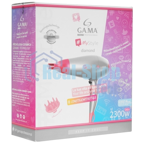 Фен GA.MA Diamond my style GH0304 серебристый/розовый, 2300 Вт, компактный