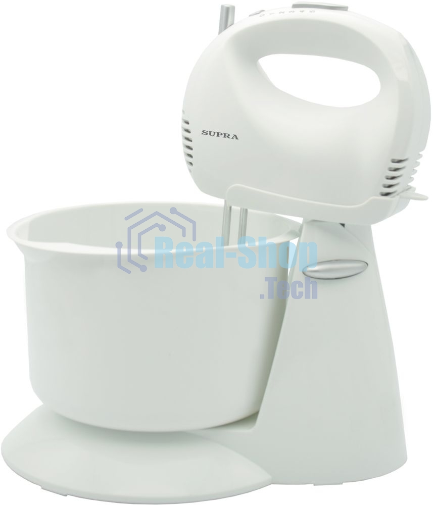 Миксер SUPRA MXS-530 с чашей. 500 Вт. Режим Турбо. 5 скоростей. Две насадки: для взбивания яиц и крема и для замеса тяжелого теста. белый