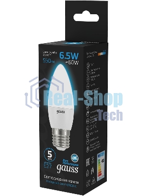 Лампа светодиодная Gauss 103102307 6.5Вт цок.: E27 свеча 220B 6500K св. свеч. бел. хол. (упак.: 10 шт)