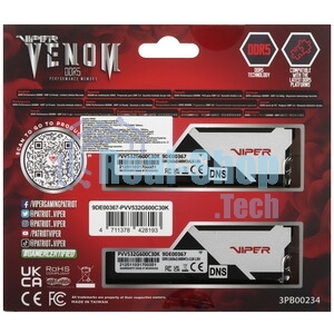 Оперативная память Patriot Viper Venom, DDR5, 32Gb (2x16Gb), 6000MHz, CL30, DIMM, с радиаторами, RGb, черный