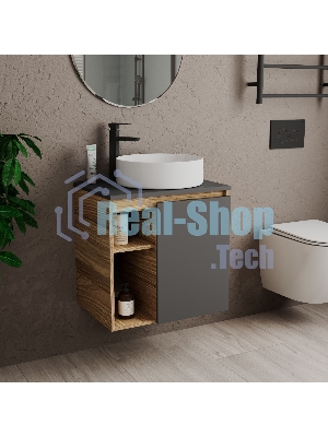 Тумба Bau Dream Blackwood 60 правая, графит, раковина BAU Dream круглая D41, смеситель для раковины высокий Hotel Black, черный