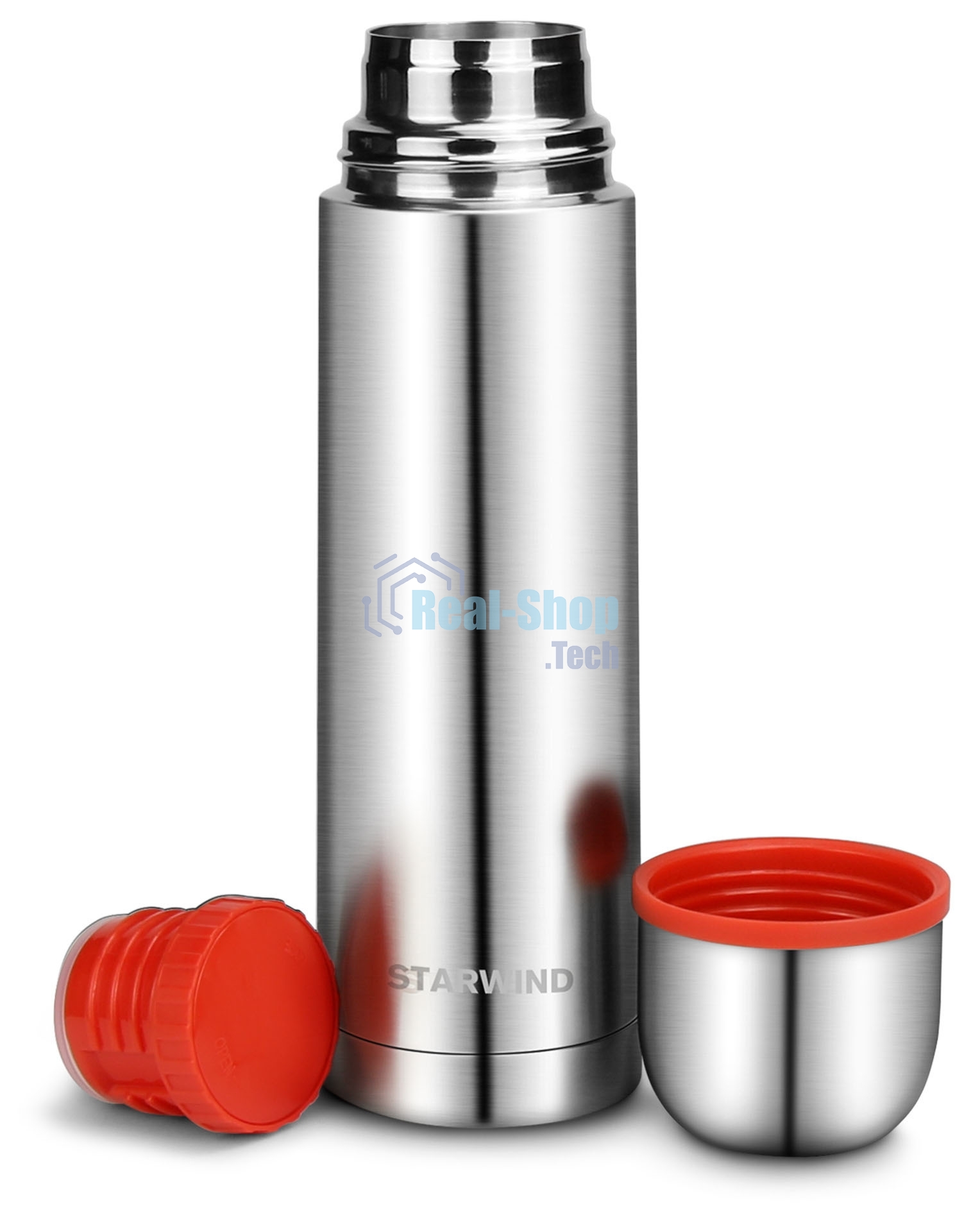 Термос для напитков Starwind 10-500 0.5 л, серебристый/красный, картонная коробка