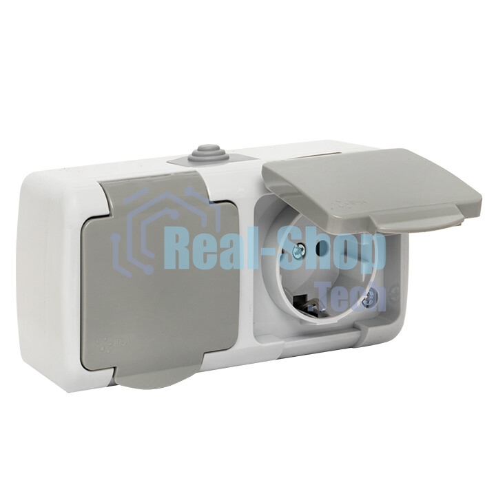 Розетка EKF Мурманск EFR16-129-30-54 2-местная 16А с заземлением с крышкой IP54 серый с защитными шторками