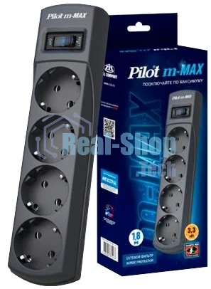 Сетевой фильтр ZIS Pilot m Max 4 розетки (евро с заземлением), 15А/3.3 кВа, автомат, 7 м, черный Surge protector Pilot m Max 4 euro outlets, 15А/3.3кВа, 7m, black