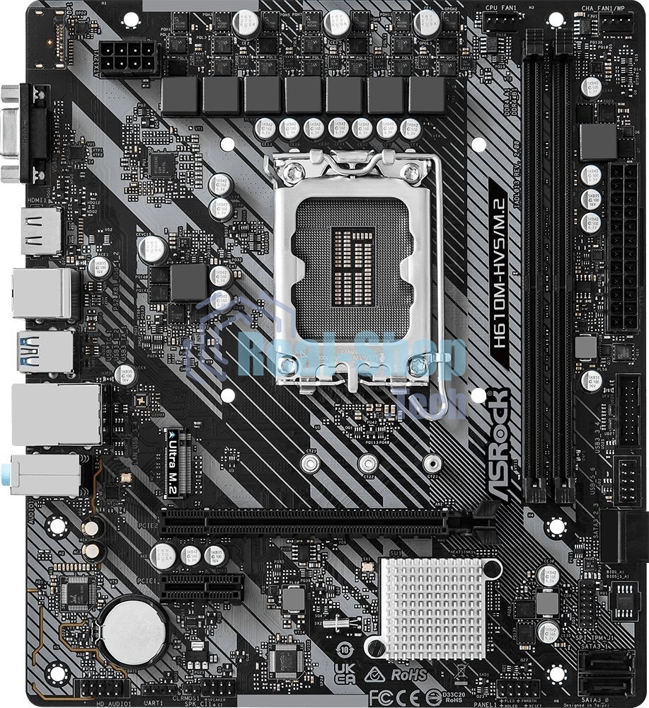 Материнская плата ASRock H610M-HVS/M.2 R2.0, LGA 1700, Intel H610, 2xDDR4, 4xSATA, 1xM.2, 1xPCIe 4.0 x16, 1xPCIe x1, 1xHDMI, 1xVGA, 1x 1Gb LAN, 4xUSB-A 2.0, 2xUSB-A 3.2 Gen 1, 3x3.5 мм, 7.1, mATX