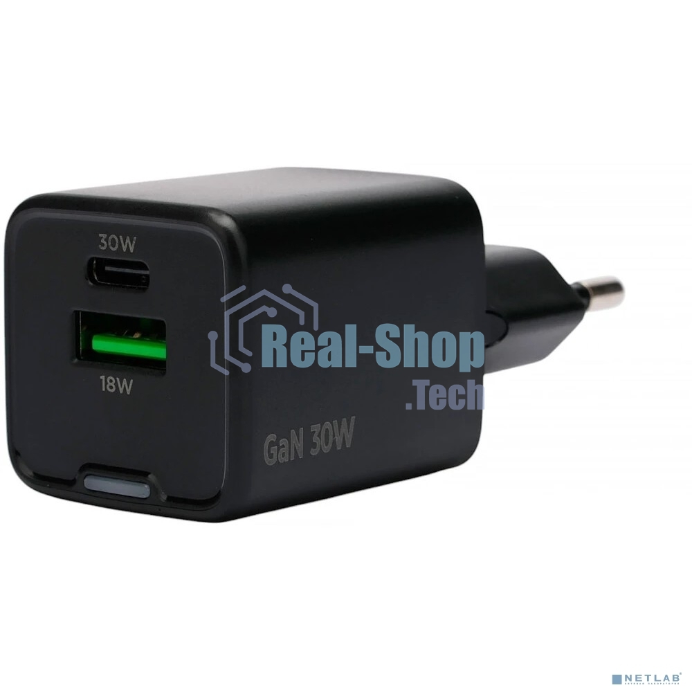 Зарядное устройство Cablexpert MP3A-PC-64, 30Вт GaN, 3А, QC4.0/PD, 1xUSB, 1xType-C, черный, пакет