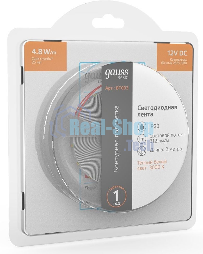 Лента светодиодная Basic Gauss 12V 4,8W/m 312lm/m 3000K IP20 LED 2m 1/120