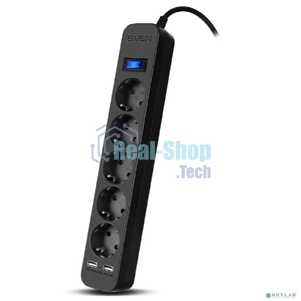 Фильтр SVEN SF-05LU 1,8 м (5 евро розеток,2хUSB(2,4А)) черный, цветная коробка Surge protector SVEN SF-05LU 1,8 м (5 евро розеток,2хUSB(2,4А)) черный, цветная коробка