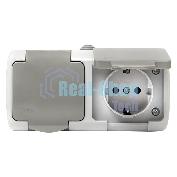 Розетка EKF Мурманск EFR16-129-30-54 2-местная 16А с заземлением с крышкой IP54 серый с защитными шторками