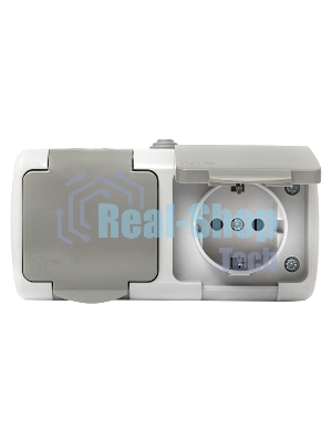Розетка EKF Мурманск EFR16-129-30-54 2-местная 16А с заземлением с крышкой IP54 серый с защитными шторками