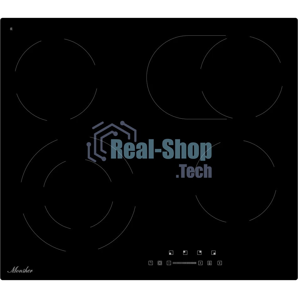 Варочная поверхность MONSHER MHE 6013, электрическая, Hi-Light, 9 уровней мощности, бустер, автоматическое отключение, таймер, индикатор остаточного тепла, сенсорное управление, черный