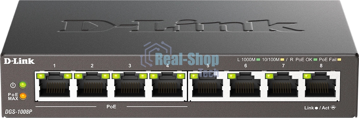 Неуправляемый коммутатор D-Link DGS-1008P/F3A с 8 портами 10/100/1000Base-T (4 порта PoE 802.3af/at, PoE-бюджет 60 Вт)