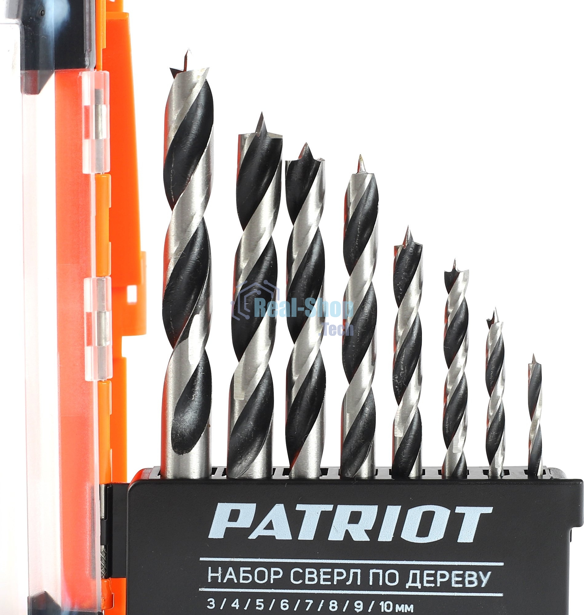 Набор сверл по дереву PATRIOT спиральные, W-образная заточка, 8 шт: 3, 4, 5, 6, 7, 8, 9, 10 мм, в пластиковом боксе