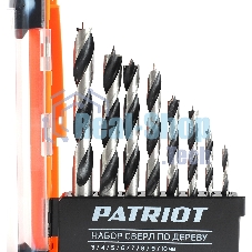 Набор сверл по дереву PATRIOT спиральные, W-образная заточка, 8 шт: 3, 4, 5, 6, 7, 8, 9, 10 мм, в пластиковом боксе