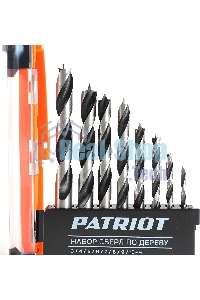 Набор сверл по дереву PATRIOT спиральные, W-образная заточка, 8 шт: 3, 4, 5, 6, 7, 8, 9, 10 мм, в пластиковом боксе
