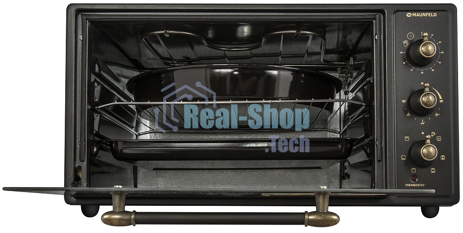 Мини-печь Maunfeld Мини-печь Maunfeld/ ширина 60 см, механическое управление, 45 л,конвекция, черный+стекло,фурнитура бронза
