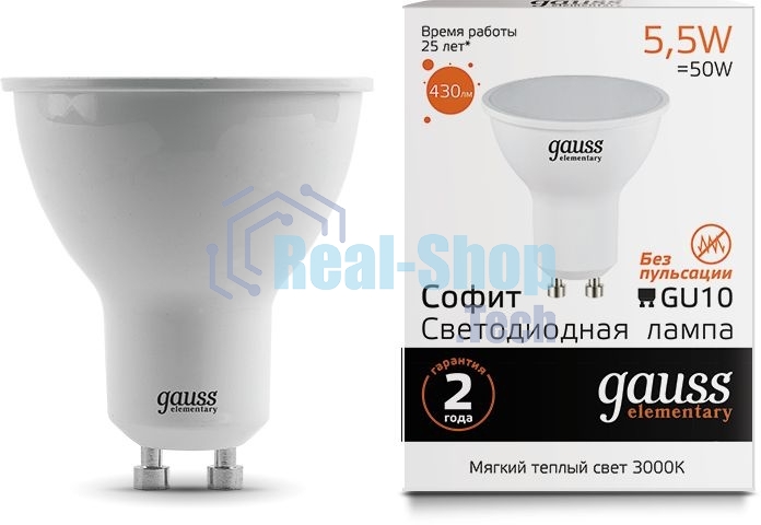 Лампа светодиодная Gauss Elementary MR16 5.5Вт цок.:GU10 спот 220B 3000K св.свеч.бел.теп. (упак.:10шт) (13616)