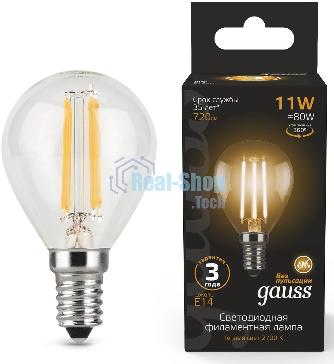 Лампа светодиодная Gauss Filament 11Вт цок.: E14 шар 220B 2700K св. свеч. белый теп. (упак.: 10 шт)