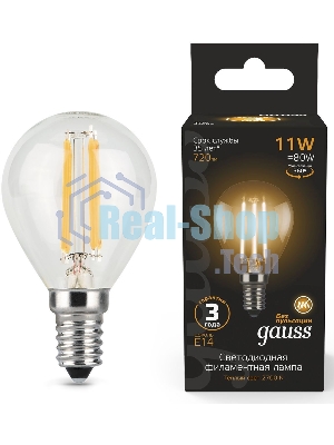 Лампа светодиодная Gauss Filament 11Вт цок.: E14 шар 220B 2700K св. свеч. белый теп. (упак.: 10 шт)